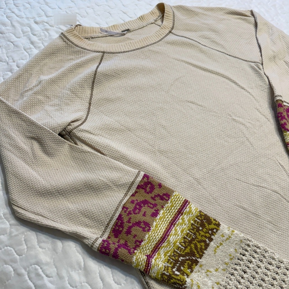 Free People Women Large Thermal Top Beige Mixed Print Crochet Waffle Knit FALL